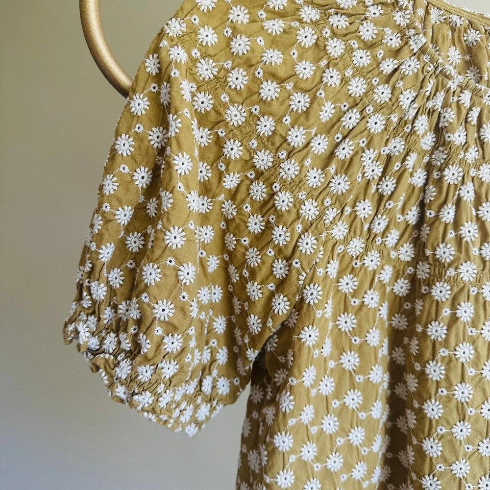 Madewell Mustard Daisy Embroidered Puff Sleeve Blouse Small Romantic 70s Cottage